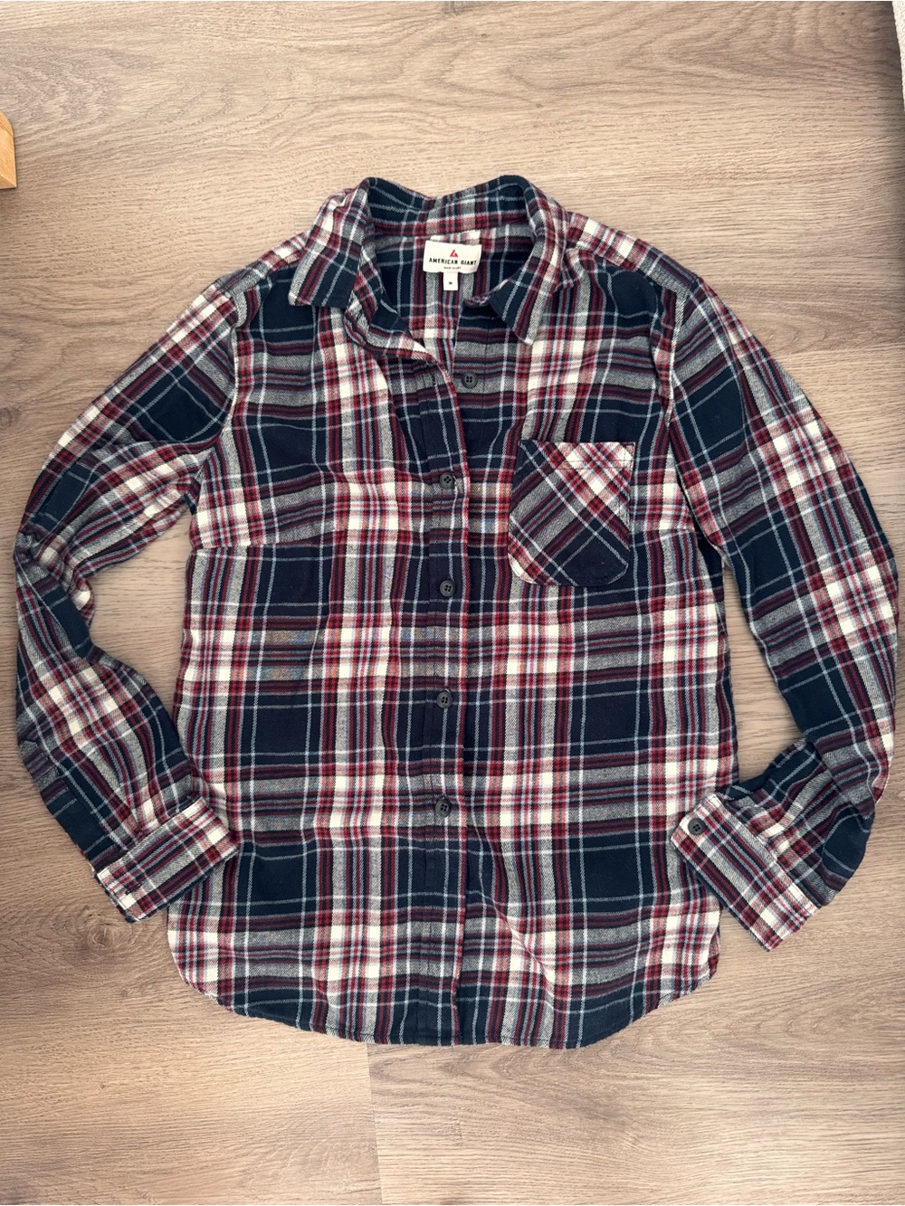 American Giant Navy/Red Plaid Button-Down Flannel Shirt 100% cotton
